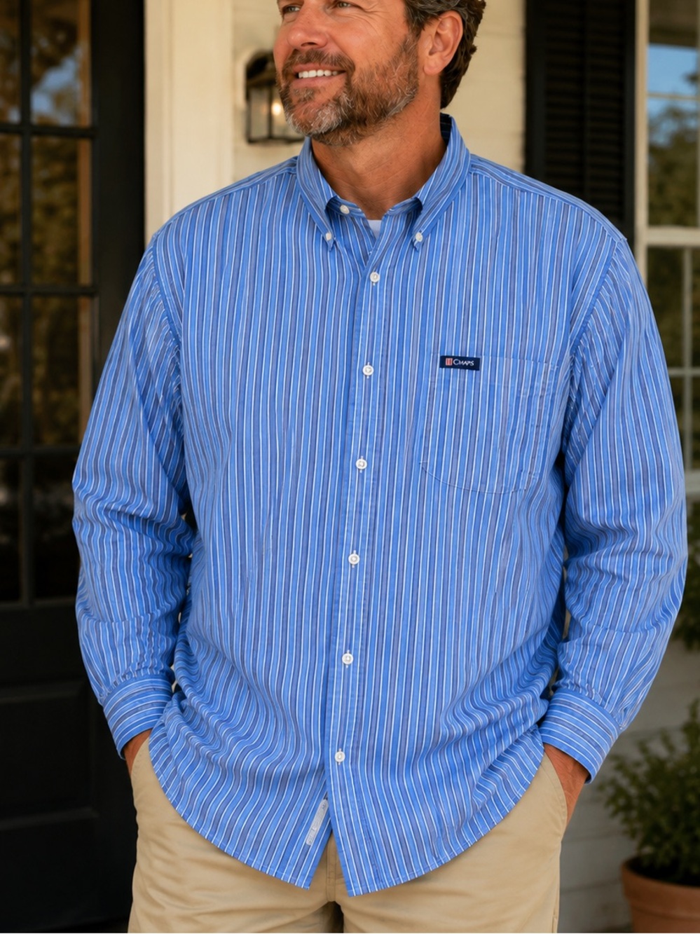Chaps Easy Care Button Down Shirt Men’s 2XT Blue Striped Long Sleeve Cotton